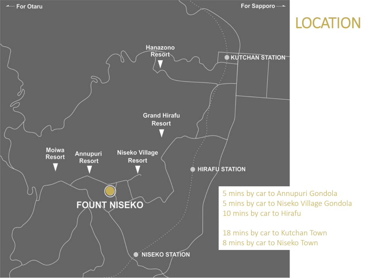 Map of The Fount Niseko relative to Niseko's ski resorts