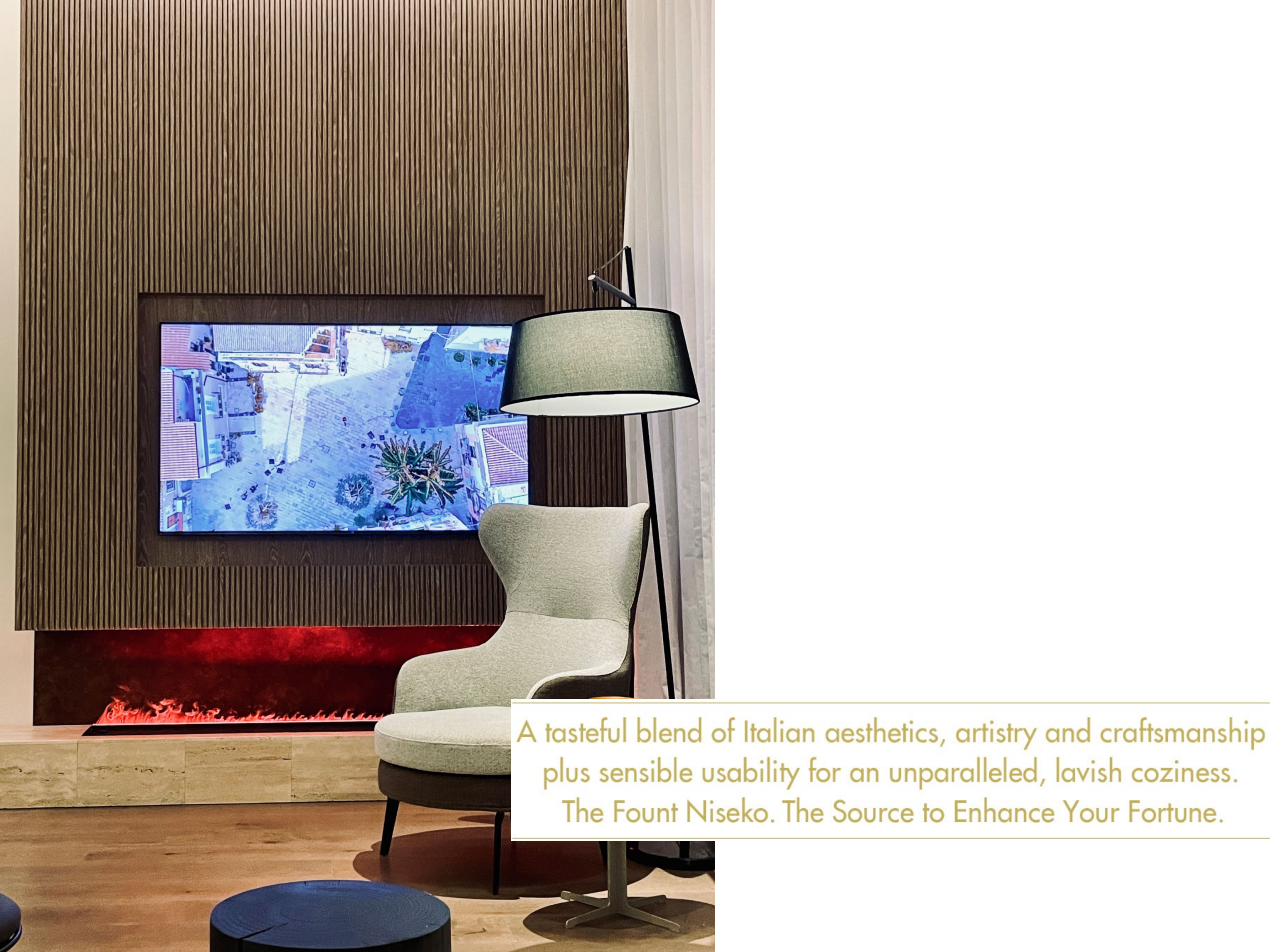 Fireplace simulator and wood-panelled TV wall